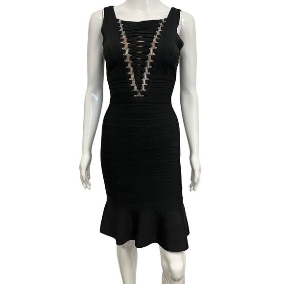 HERVE LEGER Black Stretch Klara Bandage Knee Length Sleeveless Dress XS